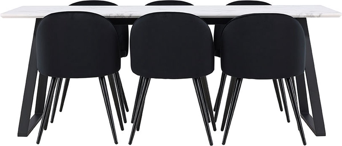 Malaga eethoek eetkamertafel 90x200cm wit en 6 Skagen stoel velours zwart.
