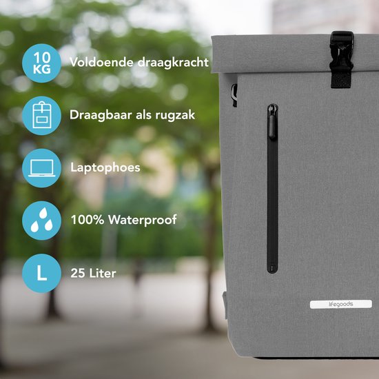 LifeGoods Enkele Fietstas - Compact - Schoudertas en Rugtas - 25L - Ronde Bagagedragers - Waterdicht - Grijs