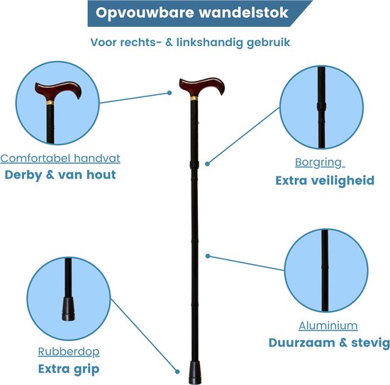 Een opvouwbare wandelstok met een comfortabel, houten Derby-handvat, een borgring voor extra veiligheid, gemaakt van duurzaam aluminium en een rubberen dop voor extra grip.