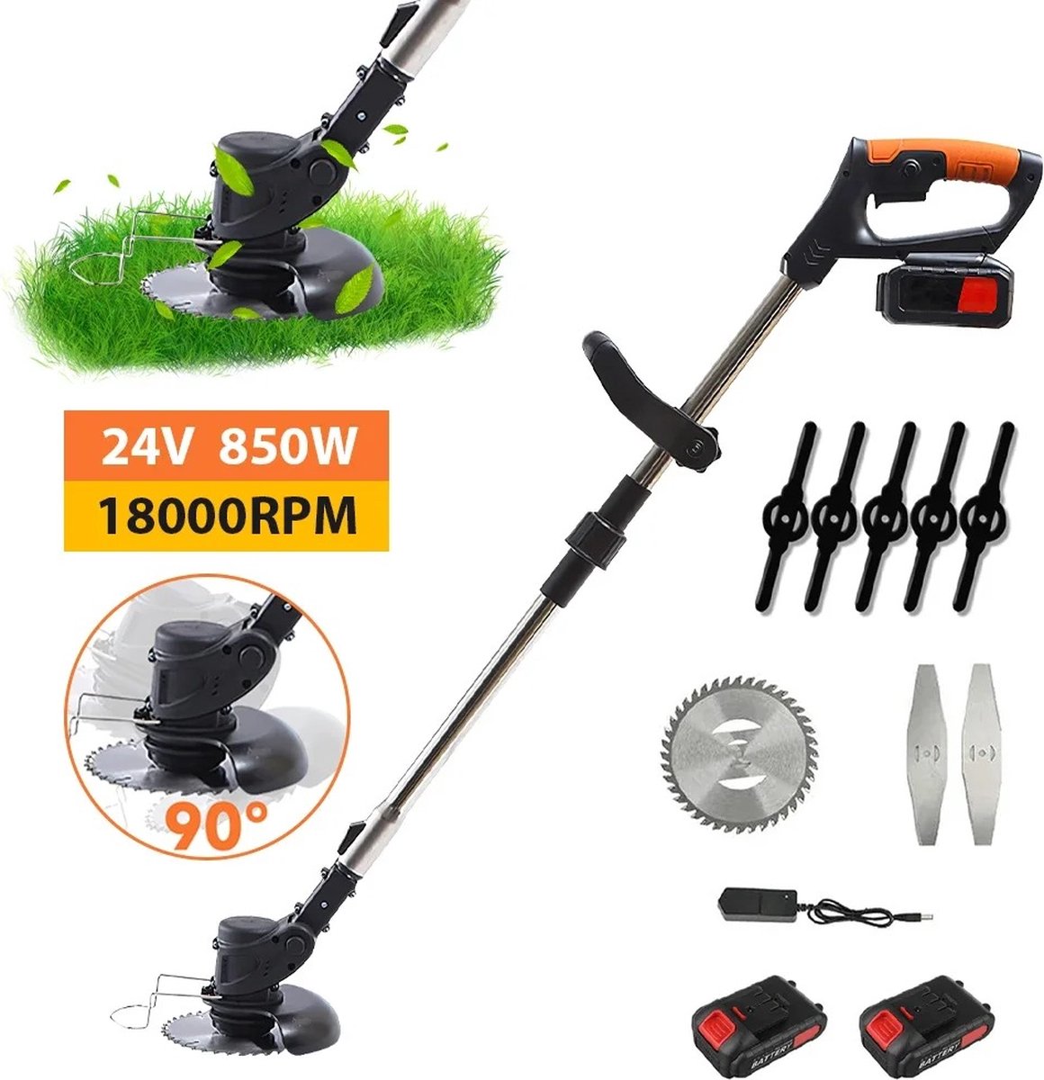 Bol.com Grastrimmer - Grasmaaier - Trimmer- Tuin Trimmer - 850W - Verstelbaar - 90/125cm - 2x Accu - 18000RPM aanbieding