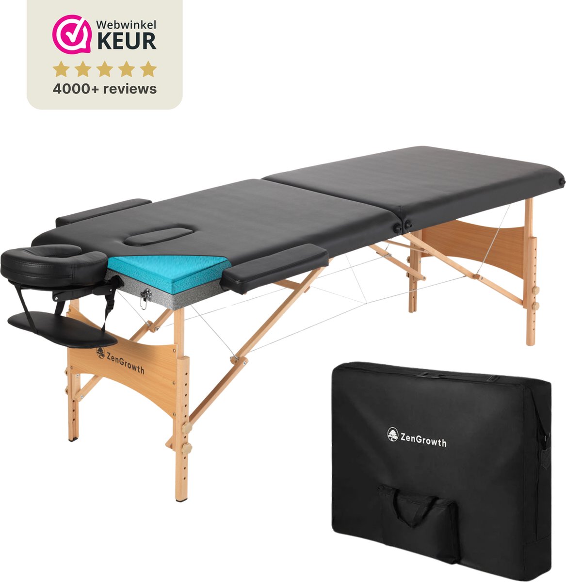 Goedkoopste ZenGrowth® Economy Massagetafel Zwart – Inklapbaar – Breedte 70 tot 95 cm – Hoogte 57 tot 83 cm – Dubbellaags matras – Behandelbank – Behandeltafel – Inclusief Opbergtas