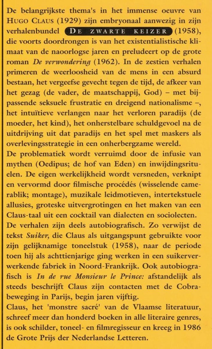 Tekst met informatie over het boek 'De zwarte keizer' van Hugo Claus, met de gele band 'Vlaamse Bibliotheek'.