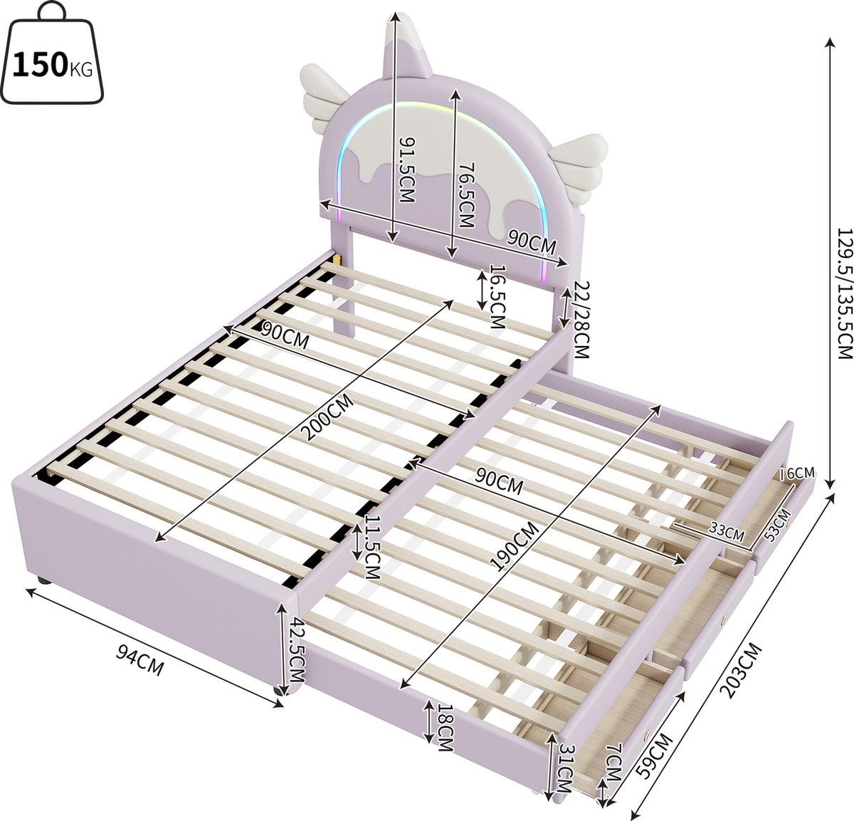 Sweiko Cartoon Kinderbed 90*200cm, Eenhoorn vorm, met LED verlichting, Uitgerust met Uitschuifbaar roll-out bed, PU materiaal, Violet — cadeau in Cadeau-ideeën - foto 3