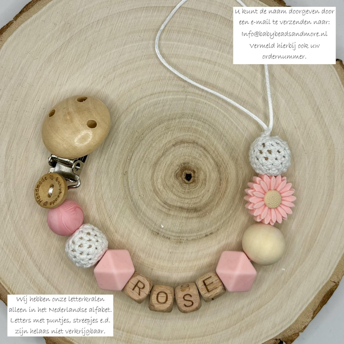 Goedkoopste Babybeads- Speenkoord met naam - Madelief, roze- Gepersonaliseerd kraamcadeau