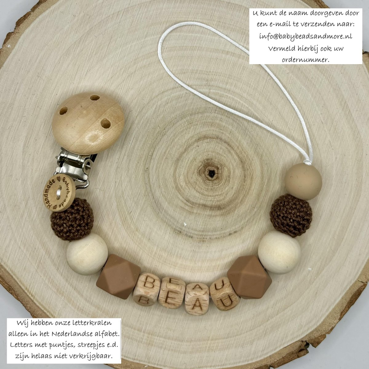 Goedkoopste Babybeads - Speenkoord met naam - Bruine tinten naturel - Kraamcadeau