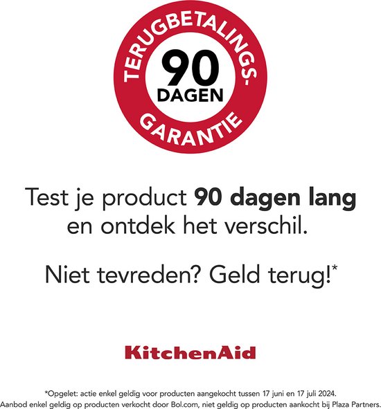 Logo met "90 DAGEN GARANTIE" en de tekst "Test je product 90 dagen lang en ontdek het verschil. Niet tevreden? Geld terug!" met KitchenAid logo.