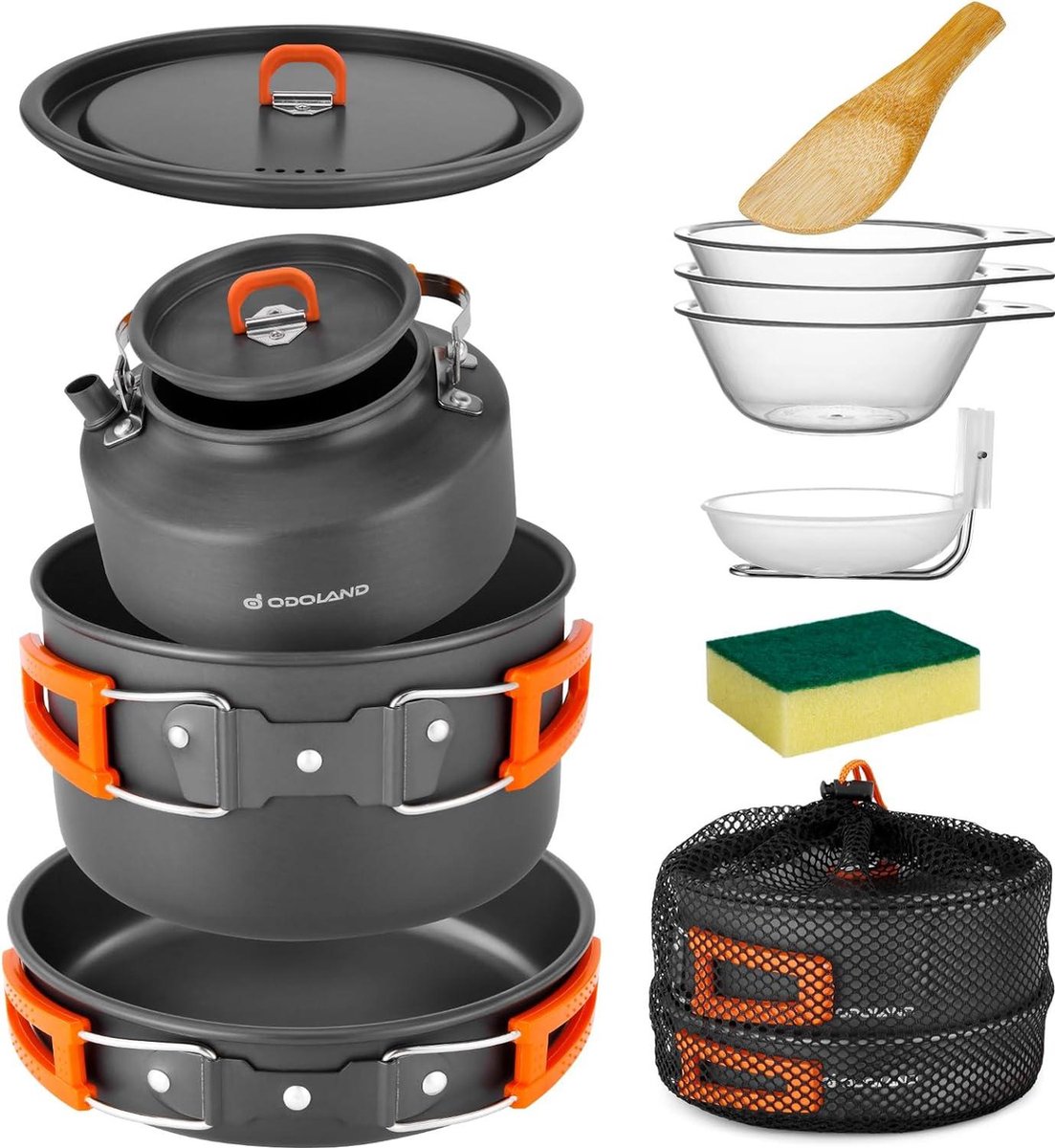 Set De Cuisine Camping Odoland 13 Pièces - Casseroles Inox, Réchaud, Couverts