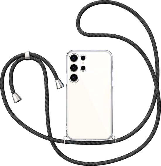 Hoesje met Koord geschikt voor Samsung Galaxy S24 Ultra - Back Cover Siliconen Case Transparant Hoes Zwart