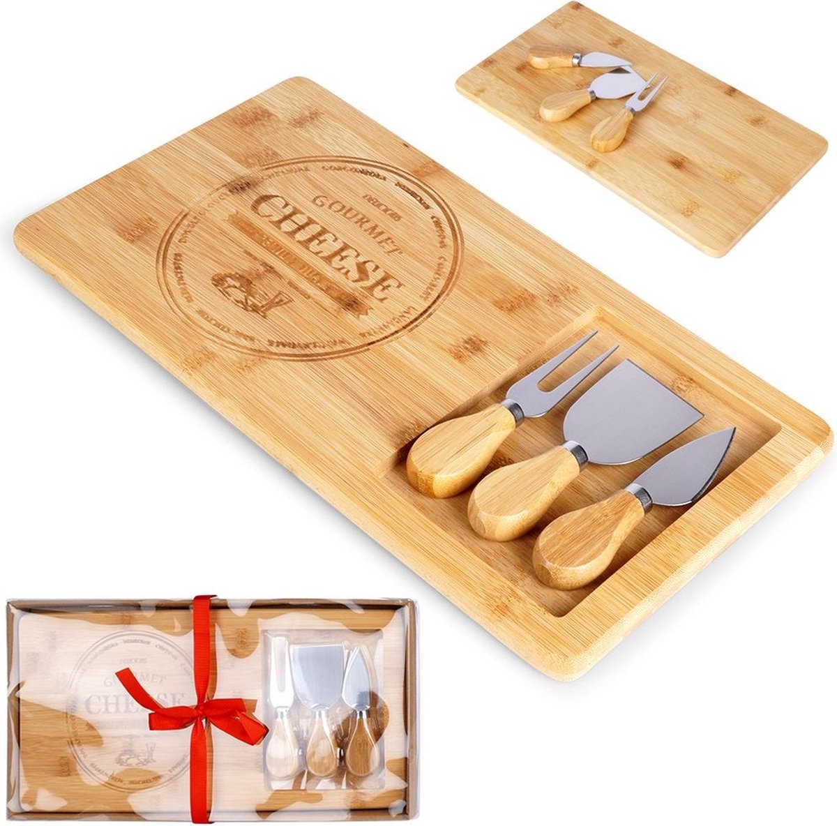 Kaasplank met Kaasmes Bamboe 4 delig - Serveerplank - Kaasmessen - Set - Hapjesplank - Mesjes - Snijplank — cadeau in Kookcadeaus - foto 3