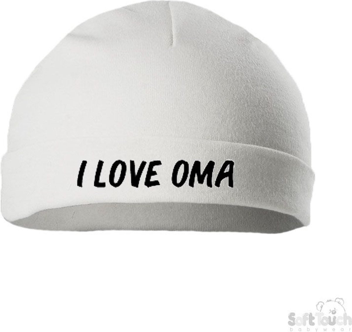 Soft Touch Mutsje Rolmutsje Bedrukt "I Love Oma" Wit/zwart Maat New Born Maat 56