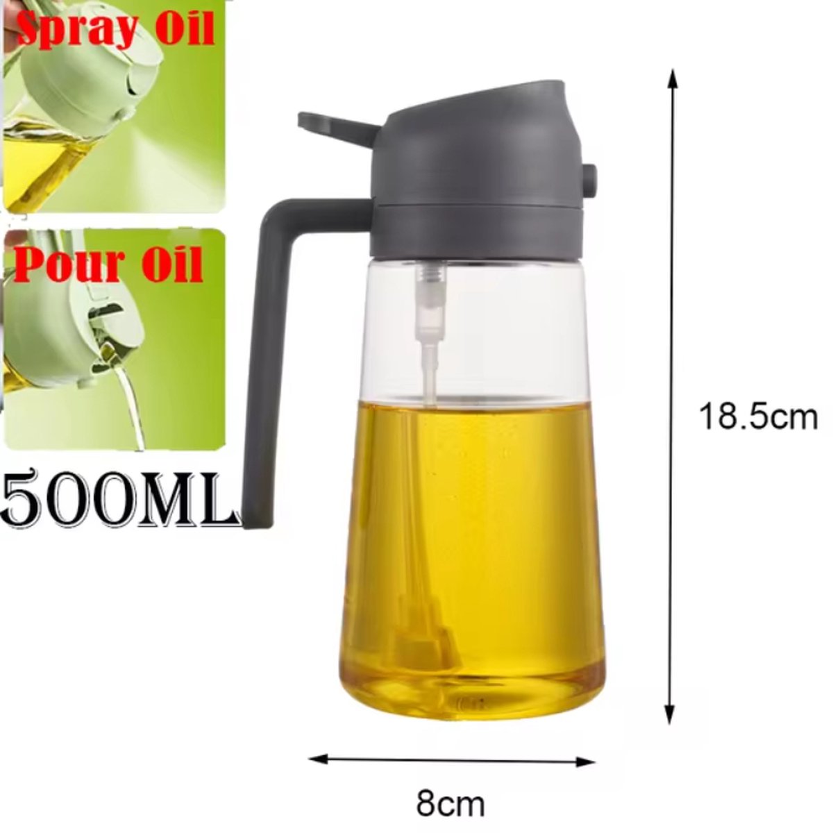 Wise Buyer 2 in 1 olie fles Olie spray Multifunctionele oliefles Olie en azijnstel Olijfolie Verstuiver Olijfolie spray- Olie Diffuser Oliedispensers Oliefles met schenktuit- 500 ml Grijs- Voor het Koken en BBQ