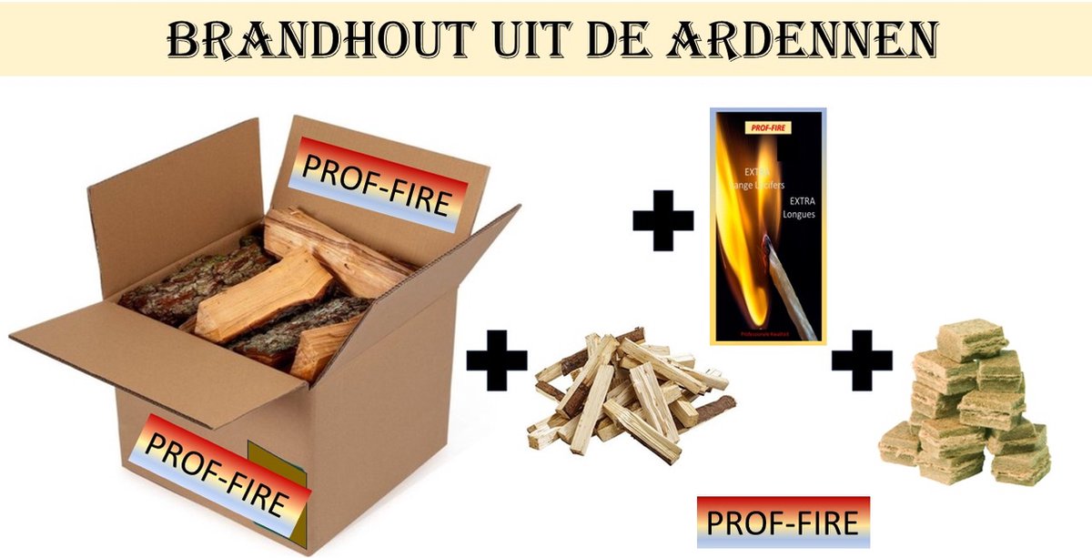 Prof-Fire | 10 Kg Droog Brandhout - Haardhout pakket + Aanmaakhout + Aanmaakblokjes + Doos Lange Lucifers - Natuurlijk Gedroogd Brandhout (Mix van Eik - Beuk, Es....) uit de Ardennen - Top Kwaliteit - Kachel - Vuurschaal - Openhaard - BBQ