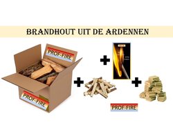 Prof-Fire | 10 Kg Brandhout - Haardhout pakket + Aanmaakhout + Aanmaakblokjes + Doos Lange Lucifers - Natuurlijk Gedroogd Brandhout (Mix van Eik - Beuk, Es....) uit de Ardennen - Top Kwaliteit - Kachel - Vuurschaal - Openhaard - BBQ
