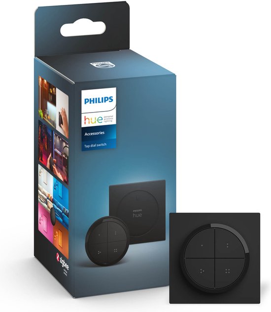 Verpakking van de Philips Hue tap-dial switch met 4 E27 lampen. De zwarte switch en het basisstation zijn zichtbaar.
