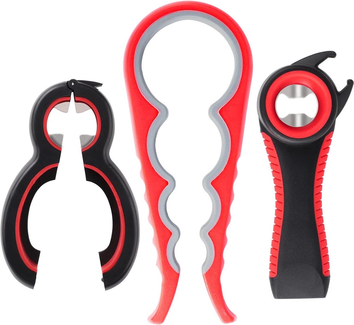 Multifunctionele flesopener met antislip handgreep 6-in-1 en 5-in-1 en 4-in-1 set blikopener voor kinderen en senioren met artritis potten opener