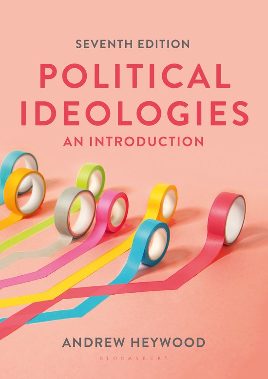 Livre 'Political Ideologies: An Introduction' septième édition, avec du ruban adhésif coloré sur fond rose.