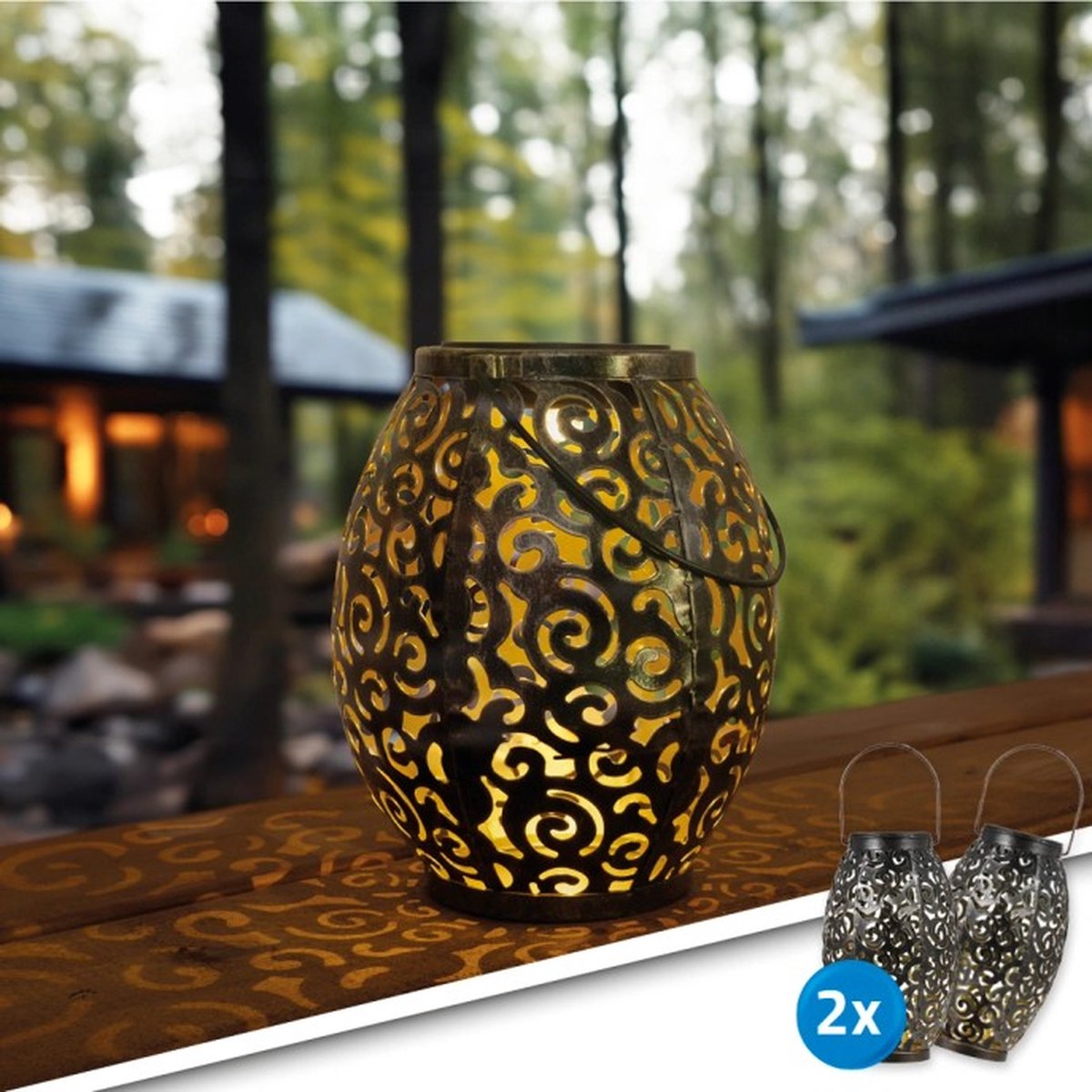 Solar tuinverlichting - Voordeelset Tafellamp 'Agadir' - 2 stuks - Mooi lichteffect - Warm wit licht - Metaal - 23cm hoog - Buitenlamp op zonne-energie