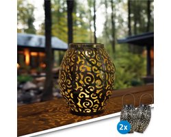 RexTech Solar tuinverlichting - Voordeelset Tafellamp 'Agadir' - 2 stuks - Mooi lichteffect - Warm wit licht - Metaal - 23cm hoog - Buitenlamp op zonne-energie