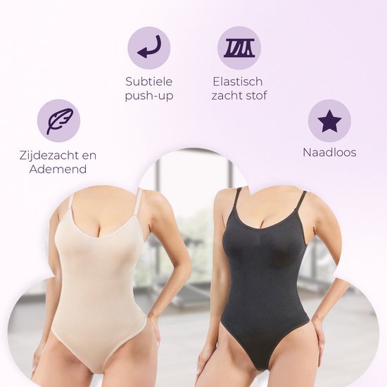 Twee vrouwen in bodysuits, beige en zwart. "Zijdezacht en ademend", "subtiele push-up", "elastisch zacht stof", "naadloos".