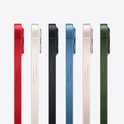 Vijf iPhones naast elkaar in rood, crème, zwart, blauw, roze en groen.