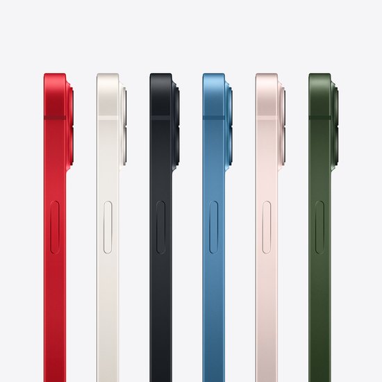 Vijf iPhones naast elkaar in rood, crème, zwart, blauw, roze en groen.