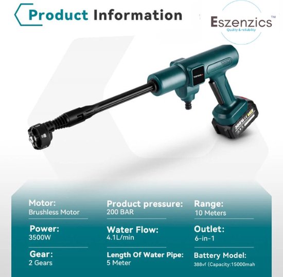Eszenzics™ Elektrische Hogedrukreiniger - 6in1 Carwash - 3500W 200bar - Borstelloos - Waterpistool Voor Makita, incl. 2 accu's 18 V - Tuin - Irrigatie - Spuitpistool