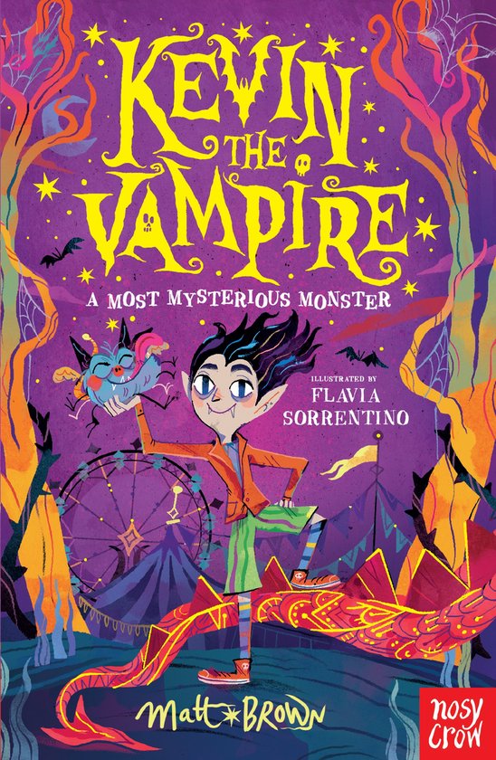 Boekomslag van Kevin the Vampire: A Most Mysterious Monster. Een jongen met vampier-tanden en punkkapsel houdt een monsterlijk masker vast. Paarse achtergrond met kermisattracties.