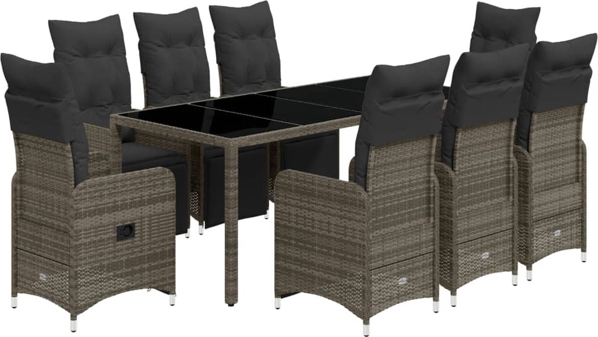 VidaXL 9-delige Bistroset met kussens poly rattan grijs