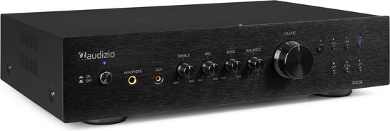 Zwarte hifi-versterker met aan de voorzijde knoppen voor aan/uit, koptelefoon, AUX, Treble, Mid, Bass, Balance en Volume.