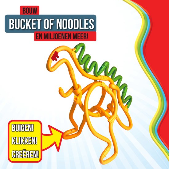 Een oranje dinosaurus gemaakt van Spaghetteez bouwstaafjes.
