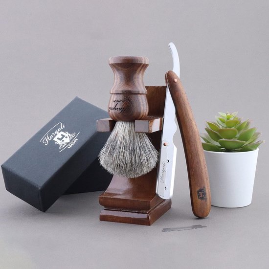 Haryali London Scheerset voor Mannen - 3-delige Houten Scheerset - Professionele Cut Throat Razor Kit - Cut Throat Razor - Scheerkwast - Houten Scheerstandaard - Duurzame Geschenkset