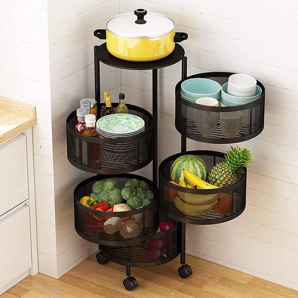 Velox Goods VL-519 Roterend Keuken Opbergrek – 5-Laags Fruit- en Groentemand met Wielen – Draaibare Metalen Opslagmand – Zwart – 180° Draaibaar – Voor Keuken, Woonkamer & Badkamer