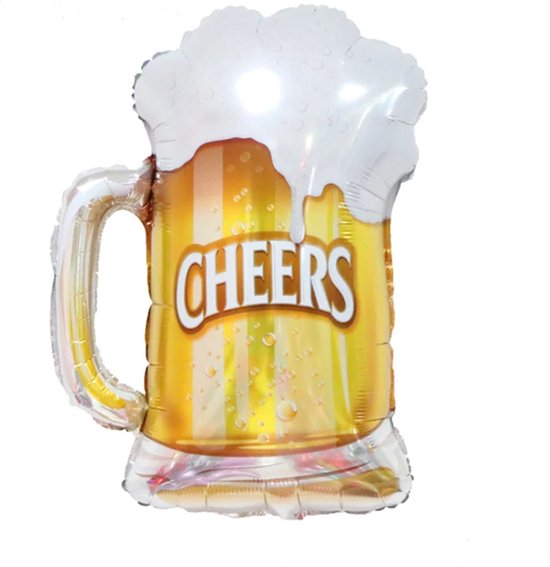 Folieballon in de vorm van een bierglas met de tekst "Cheers", met strepen en bubbels.
