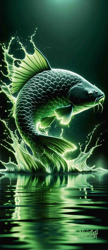 Een groene karper springt uit het water met veel spatten. Donkere achtergrond.