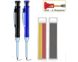 Timmermanspotloden Hervulbaar Set – Bouwpotlood – 2 Markeerpotloden Zwart/Blauw + 12 Navullingen – Aftekenpotlood