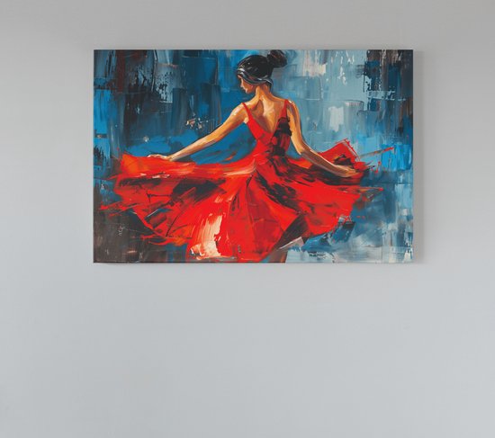 Canvas Schilderij Vrouw in Rode Jurk Kunst Wall Art 60x40x2 cm bol