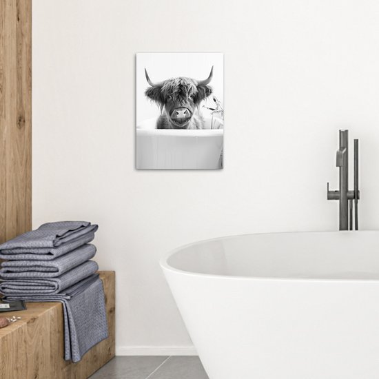 Peinture sur toile 30x40 cm - Décoration murale salle de bain Highlander écossais - Vache - Bain - Zwart et blanc - Décoration murale murale WC - Accessoires décoratifs - Décoration murale Toilettes - Peintures sur toile