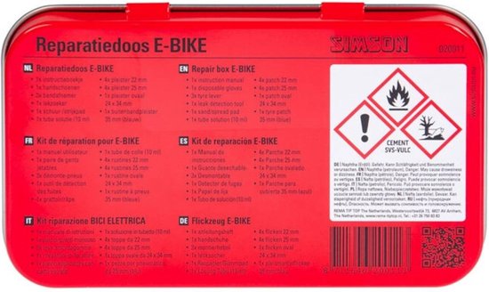 Simson reparatiedoos E-Bike met productlijsten in meerdere talen, waarschuwingstekens en barcode.