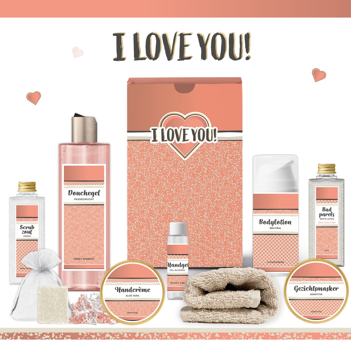 Goedkoopste Geschenkset “I love you!” - 9 producten - 720 gram | Giftset voor haar - Luxe wellness cadeaubox - Cadeau vrouw - Set Valentijnsdag - Geschenk - Cadeaupakket moeder - Vriendin - Zus - Zalmroze