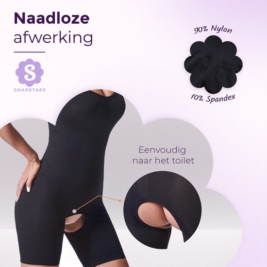 Details van de zwarte corrigerende bodysuit: naadloze afwerking, 90% nylon, 10% spandex, gemakkelijk naar het toilet.