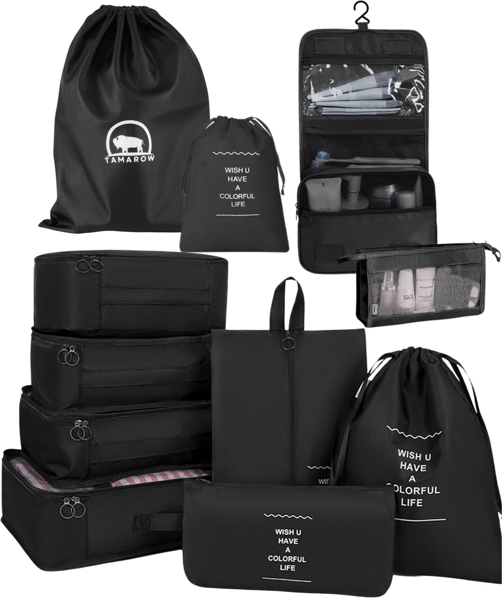 Tamarow Packing Cubes Set 11 Delig - Bagage Organizers - Travel Backpack Organizer - Kleding Organizer - Zwart