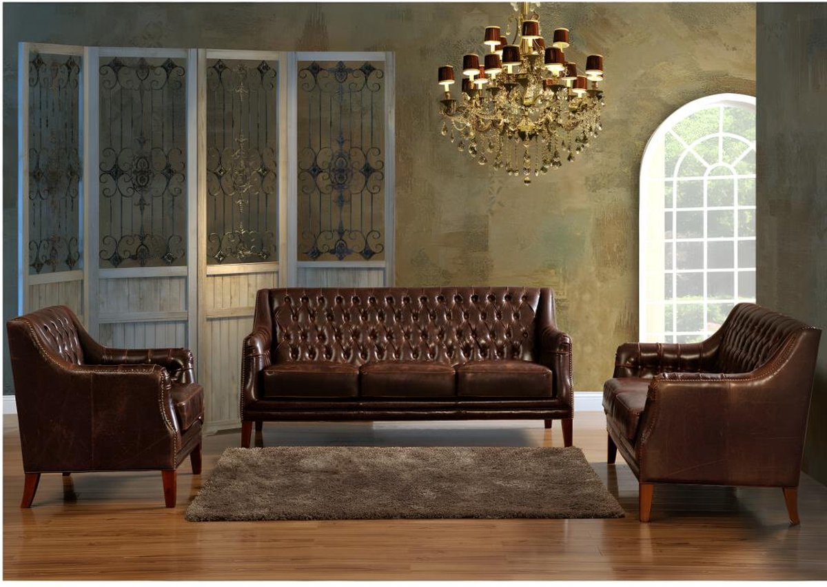 Vente-unique Driezits, tweezitsbank en fauteuil van leer COLBERT - Bruin Donkerbruin