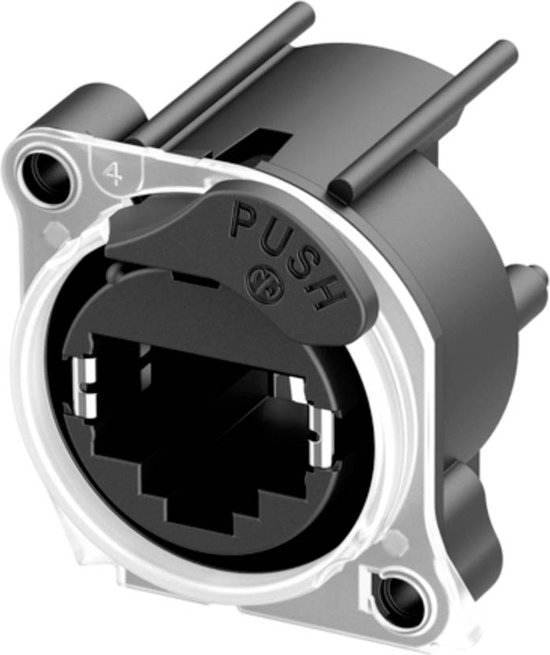 Zwarte Neutrik etherCon Halo inbouwbus met "PUSH"-indicator en duidelijke transparante behuizing.