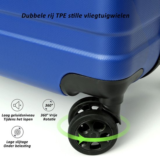 Detail van een blauwe koffer met dubbele TPE stille vliegtuigwielen, 360 graden rotatie en lage slijtage.