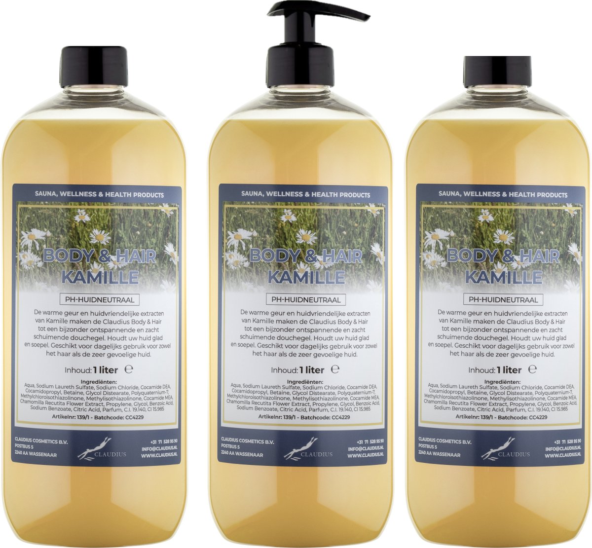 Goedkoopste Body & Hair Kamille 1 liter - set van 3 stuks - met gratis pomp - 2 in 1 voor lichaam en haar.