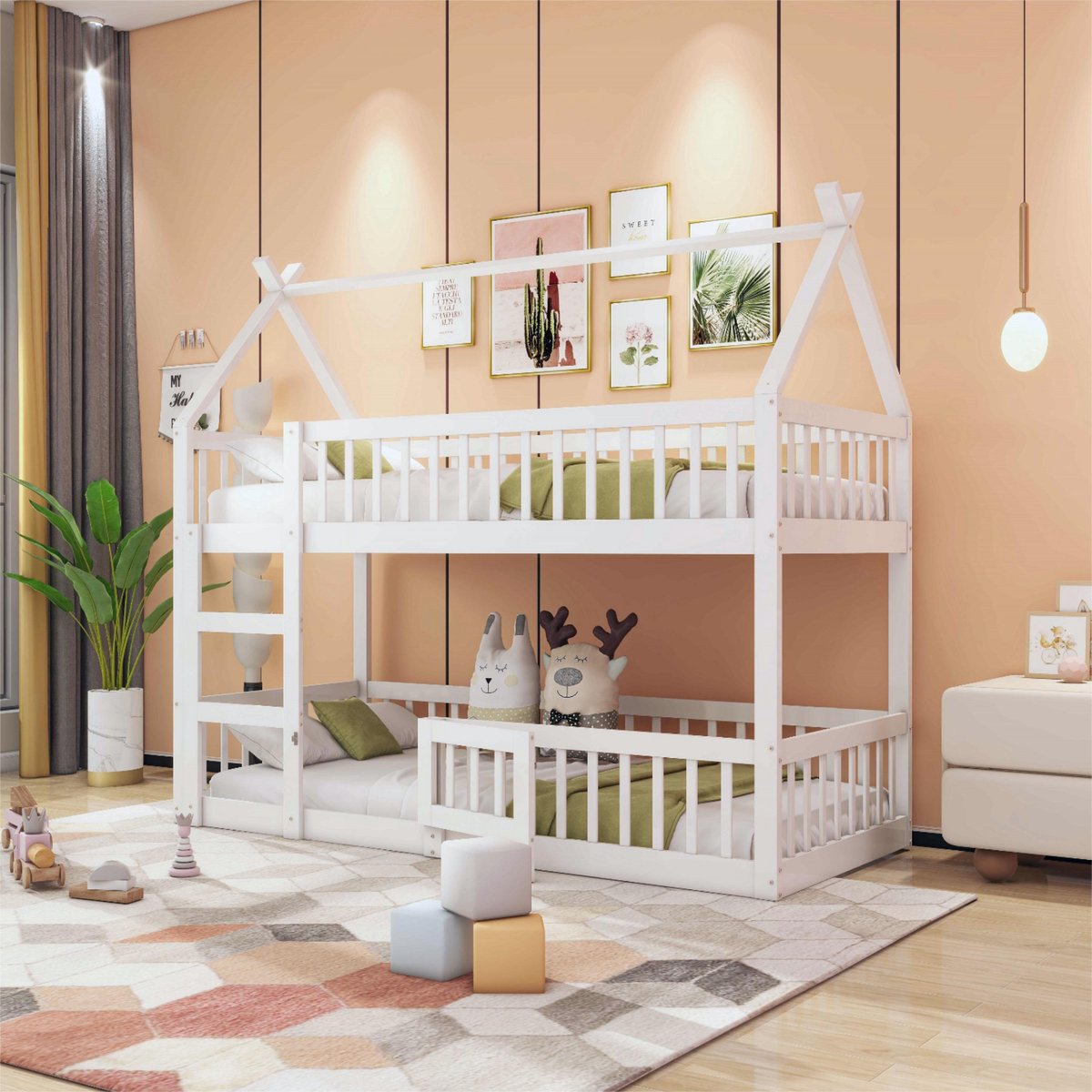 Sweiko Kinderbed Stapelbed 90*200cm, Kinderfamiliebed, Stapelbed met trap, Loft ontwerp, Massief houten Stapelbed, Wit