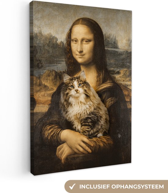 Oude Meesters Canvas - 90x140 cm - Canvas Schilderij - Mona Lisa - Kat - Da Vinci - Wanddecoratie - Hout Frame - Woonkamer - Slaapkamer