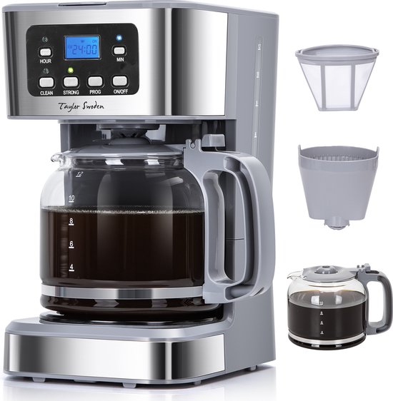 Cafetière Taylor Swoden argentée avec verseuse, avec paniers-filtres séparés et une verseuse à côté.