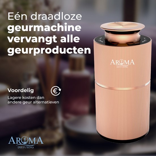 Rose gouden diffuser in een luxe interieur. 'Eén draadloze geurmachine vervangt alle geurproducten'.
