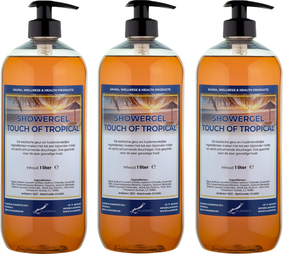 Goedkoopste Douchegel Touch of Tropical 1 liter - set van 3 stuks - met gratis pomp - Showergel